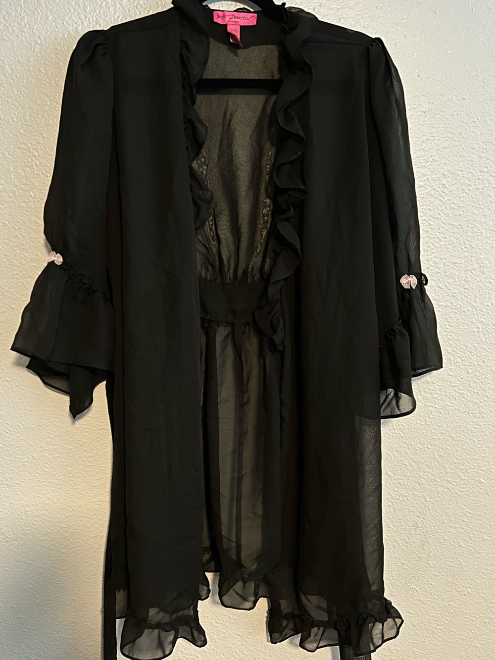 VINTAGE Betsey Johnson Black Sheer Ruffle Trim Kimono Robe